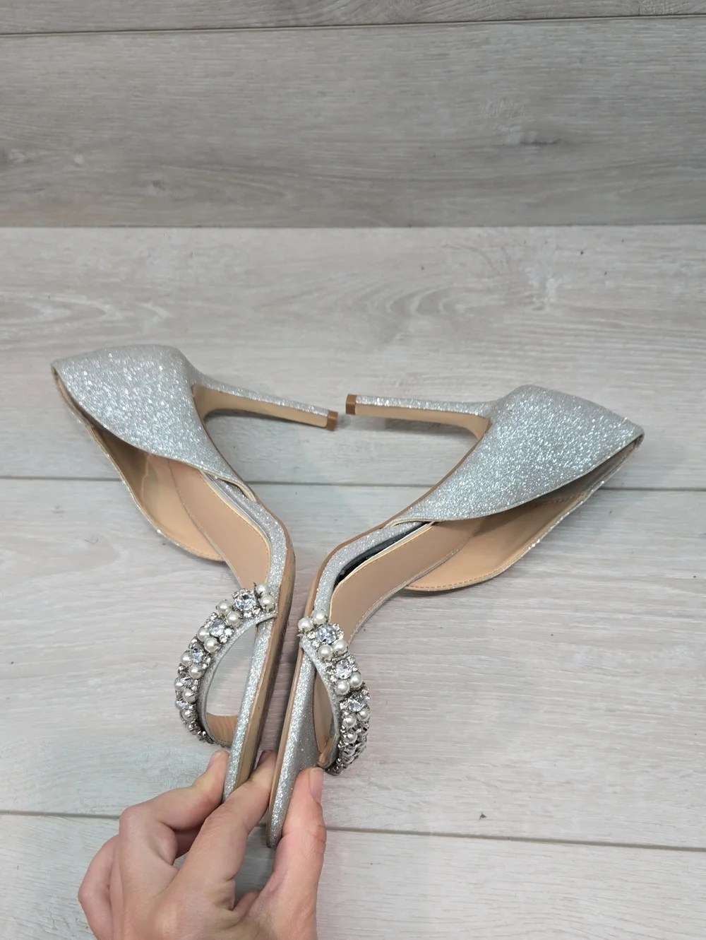 Jewel By Badgley Mischka Women Glitter OpenToe Heels Crystal Strap Shoes 9